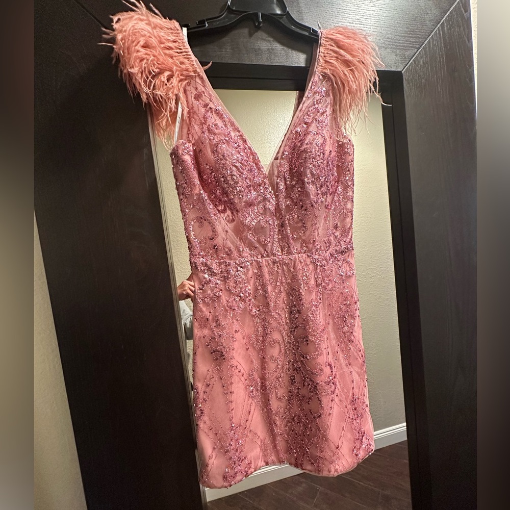 Rose gold beautiful cocktail dress. Just right for the holidays